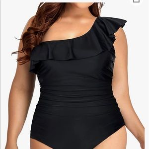 Plus Size Bathing Suits  One  Shoulder Ruffle/ Tummy Control Swimwear